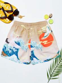 Manfinity Hombres Shorts de natación grulla & con estampado de onda de cintura con cordón - Multicolor - Ver 2