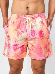 Manfinity Men Coconut Tree Print Drawstring Waist Swim Trunks - Multicolor - View 1