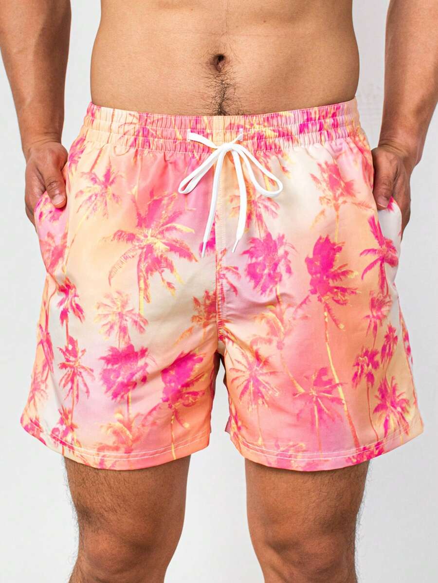 Manfinity Men Coconut Tree Print Drawstring Waist Swim Trunks - Multicolor - View 1