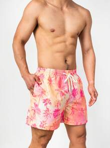 Manfinity Men Coconut Tree Print Drawstring Waist Swim Trunks - Multicolor - View 3