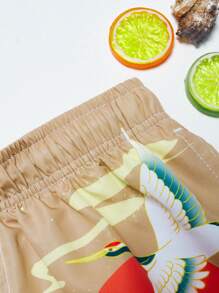 Manfinity Hombres Shorts de natación grulla & con estampado de onda de cintura con cordón - Multicolor - Ver 5
