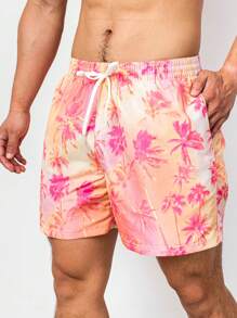 Manfinity Men Coconut Tree Print Drawstring Waist Swim Trunks - Multicolor - View 5