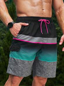 Surfspeed Men Striped Drawstring Waist Swim Trunks, Beach Vacation Shorts - Multicolor - View 1