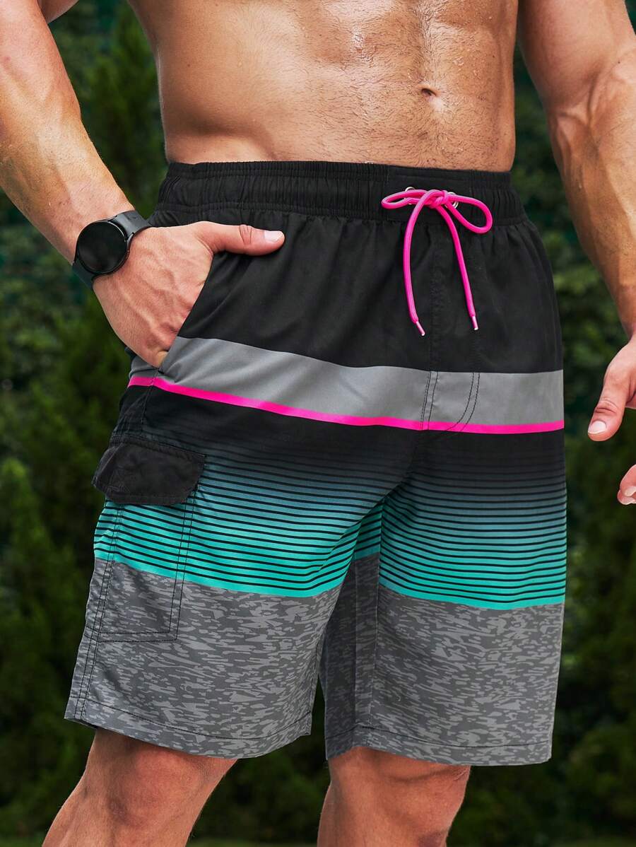 Surfspeed Men Striped Drawstring Waist Swim Trunks, Beach Vacation Shorts - Multicolor - View 1