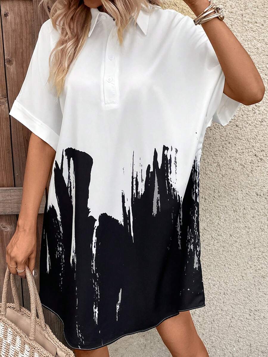 SHEIN LUNE Brush Print Batwing Sleeve Shirt Dress - Black and White - View 1