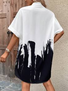 SHEIN LUNE Brush Print Batwing Sleeve Shirt Dress - Black and White - View 2