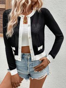 SHEIN Privé Contrast Trim Button Front Cardigan - Black - View 1