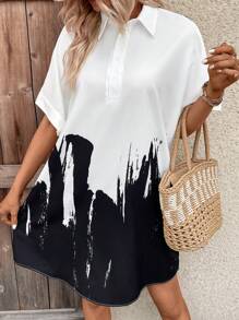 SHEIN LUNE Brush Print Batwing Sleeve Shirt Dress - Black and White - View 6