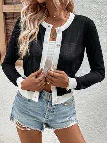 SHEIN Privé Contrast Trim Button Front Cardigan - Black - View 5