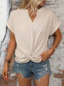 SHEIN LUNE Áo sơ mi nữ xoắn lại màu trơn Giải trí - Màu be - Xem 3