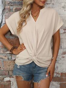 SHEIN LUNE Áo sơ mi nữ xoắn lại màu trơn Giải trí - Màu be - Xem 4