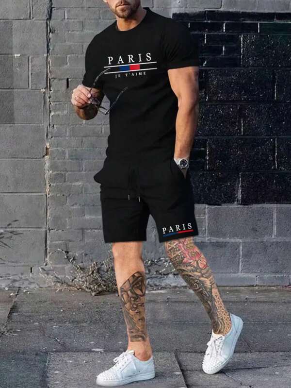 Manfinity Homme Ensemble t-shirt à manches courtes avec graphique de lettre et short à cordon de serrage pour homme, pour sortir