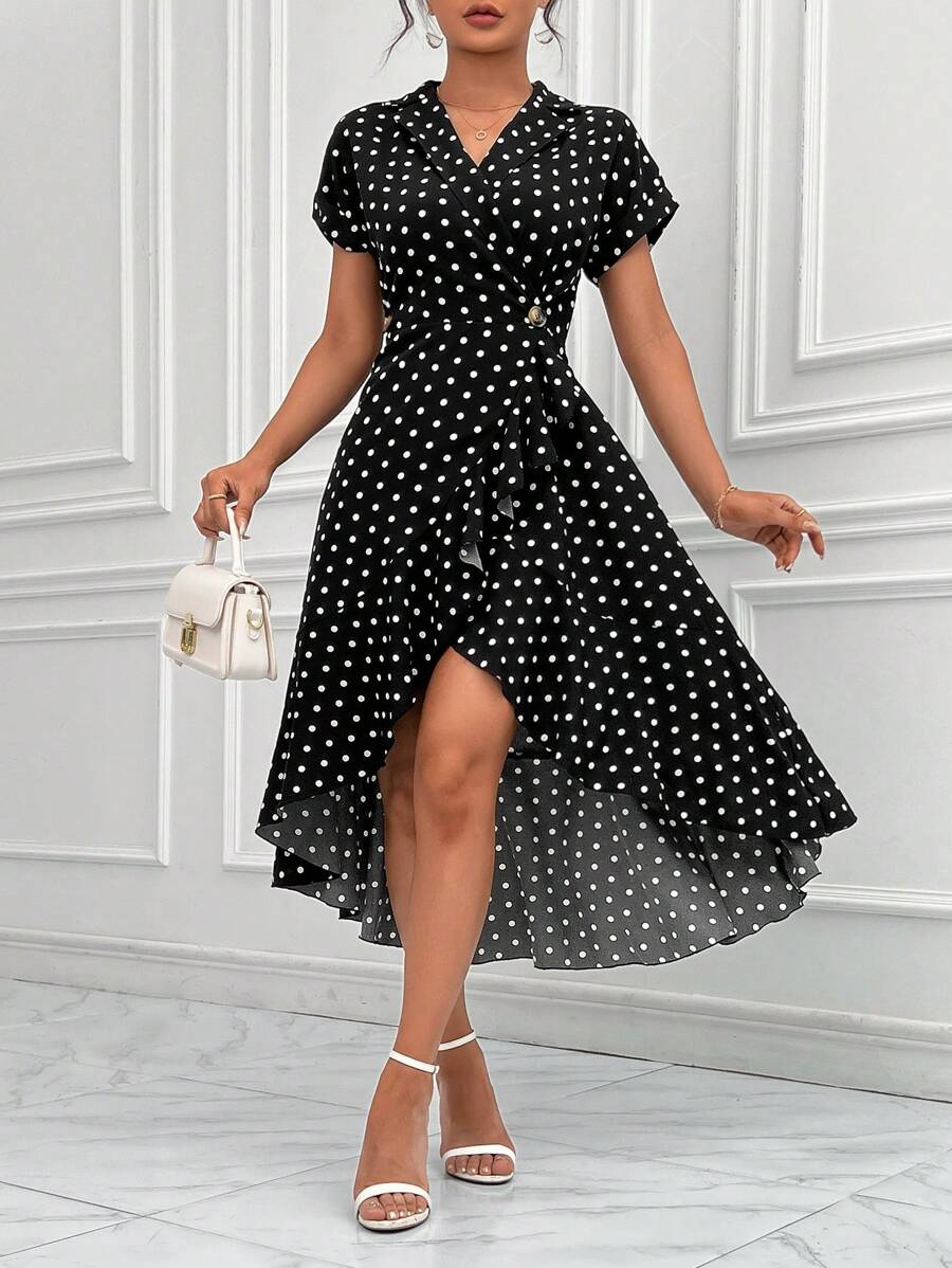 SHEIN Privé 波點圖案蝙蝠袖側打結圍裹式連衣裙 - 黑色 - 查看 1