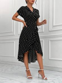 SHEIN Privé 波點圖案蝙蝠袖側打結圍裹式連衣裙 - 黑色 - 查看 3