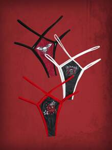 ROMWE Grunge Punk 3件骷髏頭圖案撞色滾邊丁字褲套裝 - 彩色 - 查看 1