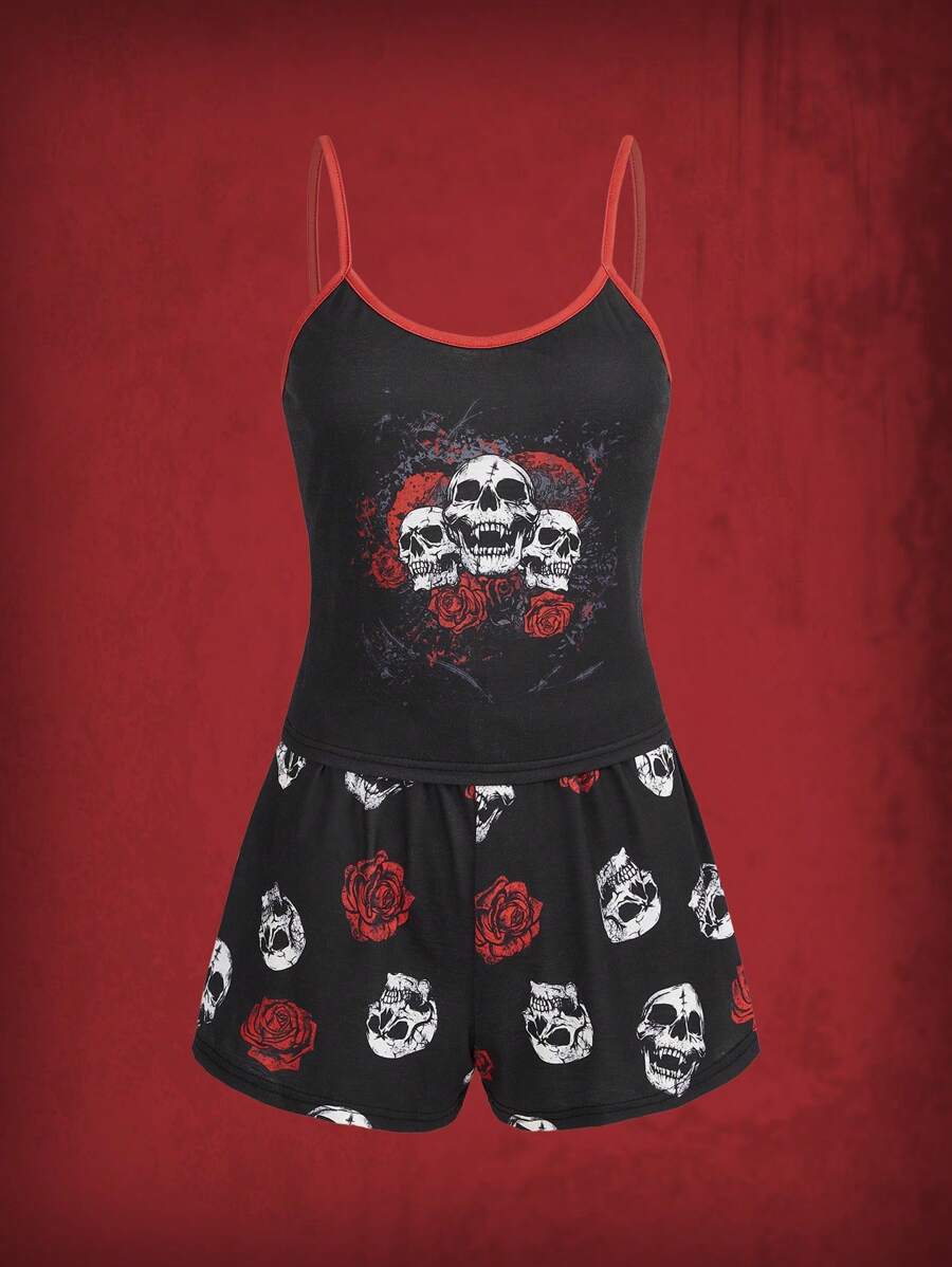 ROMWE Grunge Punk Skull & Floral Print Contrast Binding PJ Set - Black - View 1