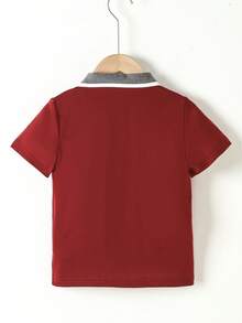 SHEIN 小男童字母刺繡拼接領POLO衫 - 酒紅色 - 查看 2