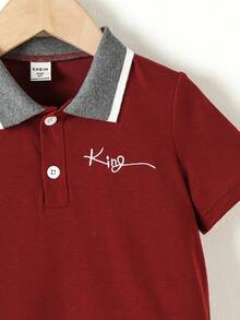 SHEIN 小男童字母刺繡拼接領POLO衫 - 酒紅色 - 查看 3