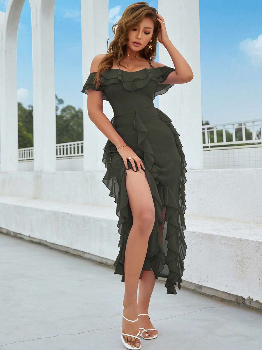 Eilly Bazar Chất rắn Vai lạnh Viền Ruffle Tách đùi Đầm Party - xanh quân đội - Xem 1