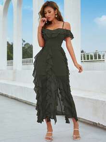 Eilly Bazar Chất rắn Vai lạnh Viền Ruffle Tách đùi Đầm Party - xanh quân đội - Xem 4