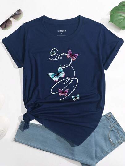 INAWLY Butterfly And Geo Print Tee Graphic Tees Women Tops