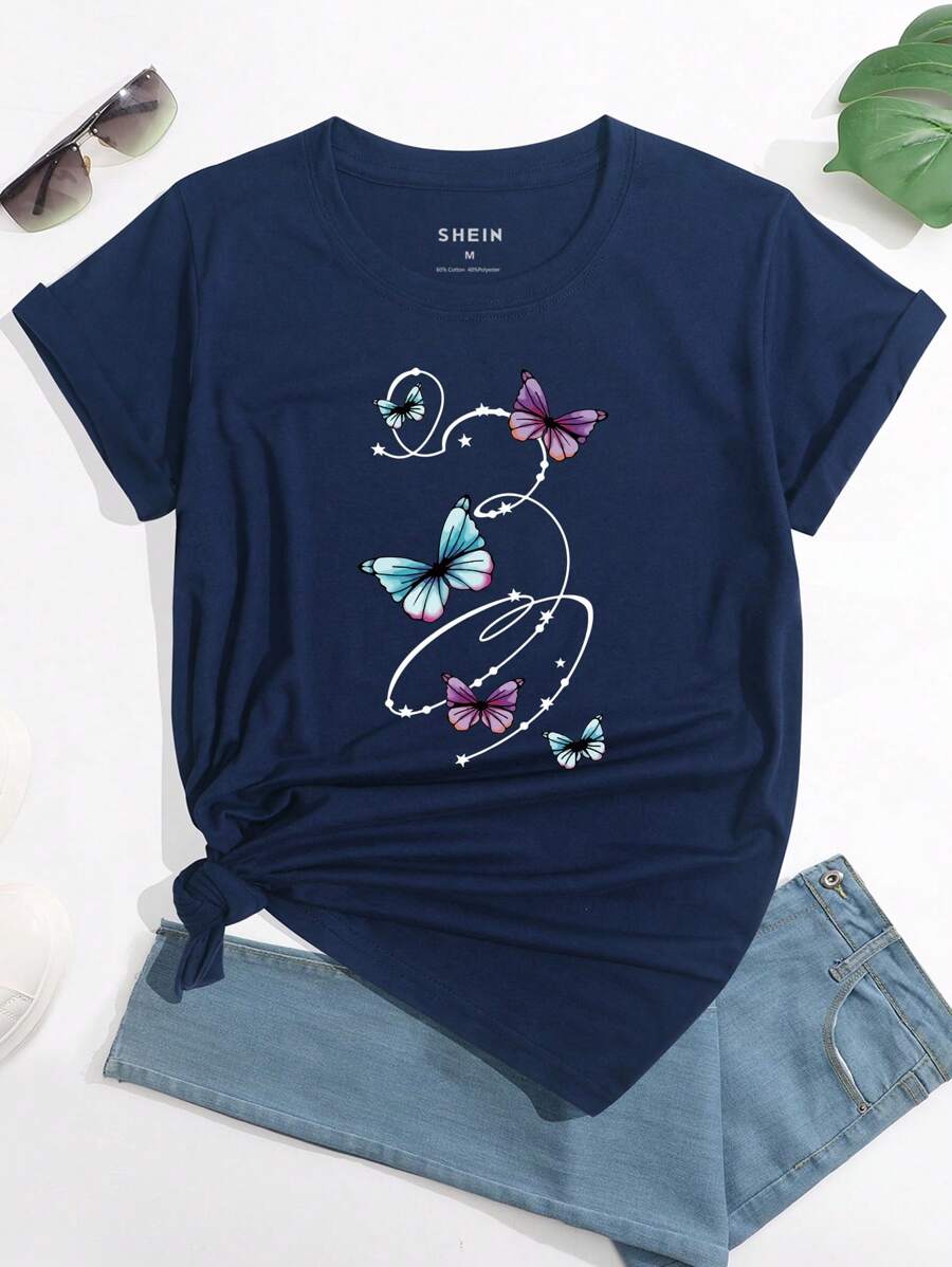 INAWLY Butterfly And Geo Print Tee Graphic Tees Women Tops - Navy Blue - View 1