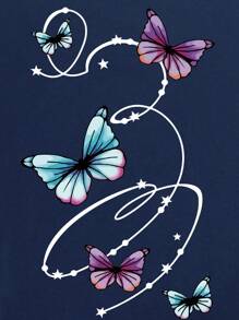 INAWLY Butterfly And Geo Print Tee Graphic Tees Women Tops - Navy Blue - View 4