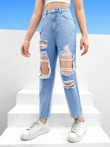 SHEIN Teen Girls Ripped Cut Out Straight Leg Jeans - Light Wash - View 4