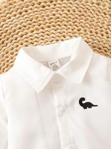 SHEIN Playful Pals Baby Boy Dinosaur Embroidery Button Front Shirt Bodysuit - White - View 7