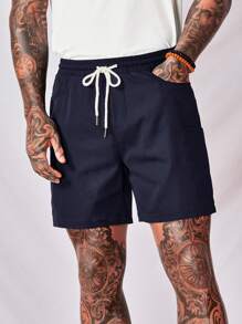 Manfinity NXTstreet 休閒抽繩 口袋純色男士短褲 - 藏蓝色 - 查看 1