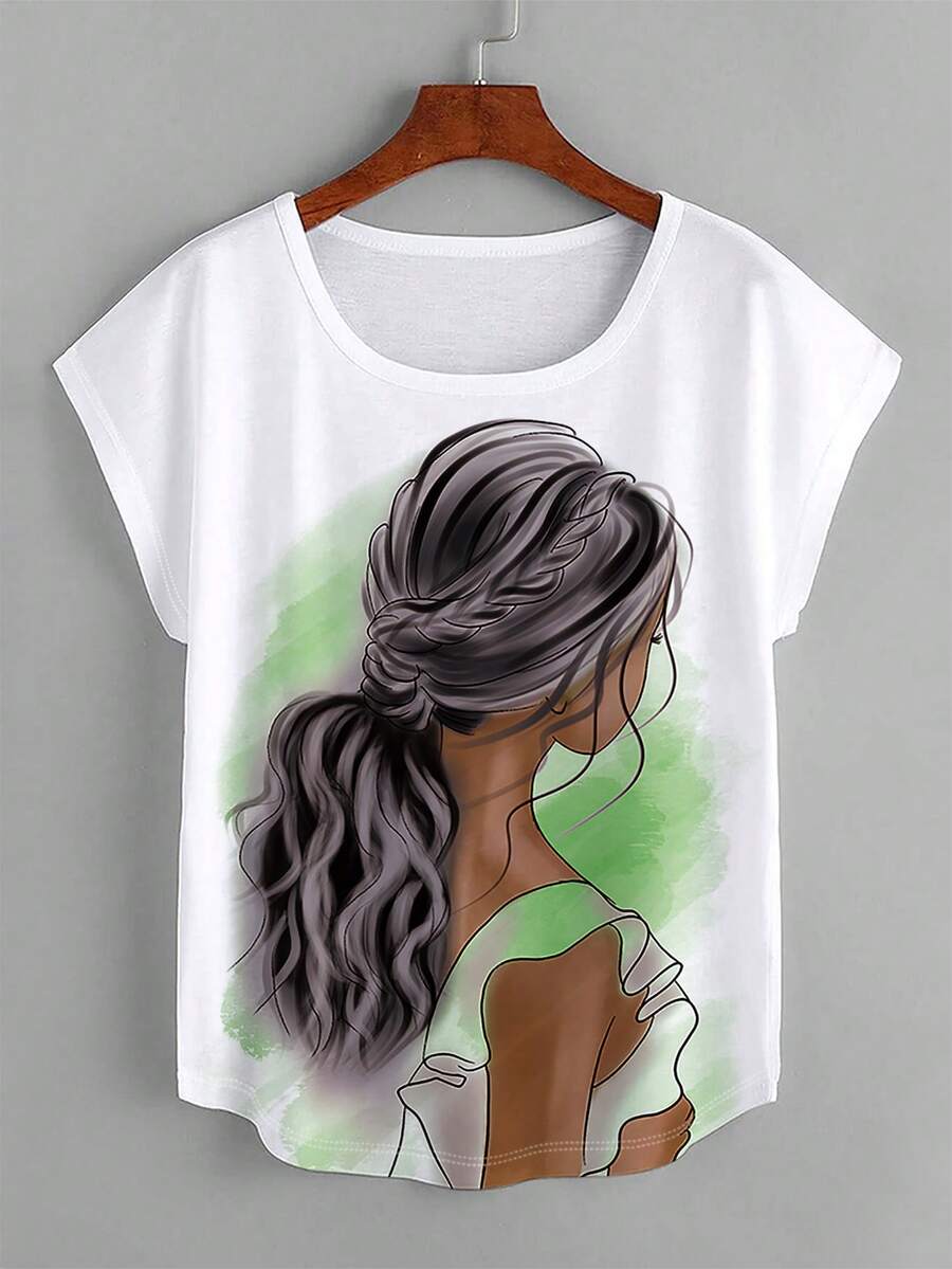 SHEIN LUNE 人像圖案蝙蝠袖弧形下擺T恤 - 白色 - 查看 1