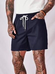 Manfinity NXTstreet 休閒抽繩 口袋純色男士短褲 - 藏蓝色 - 查看 3