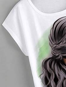 SHEIN LUNE 人像圖案蝙蝠袖弧形下擺T恤 - 白色 - 查看 3