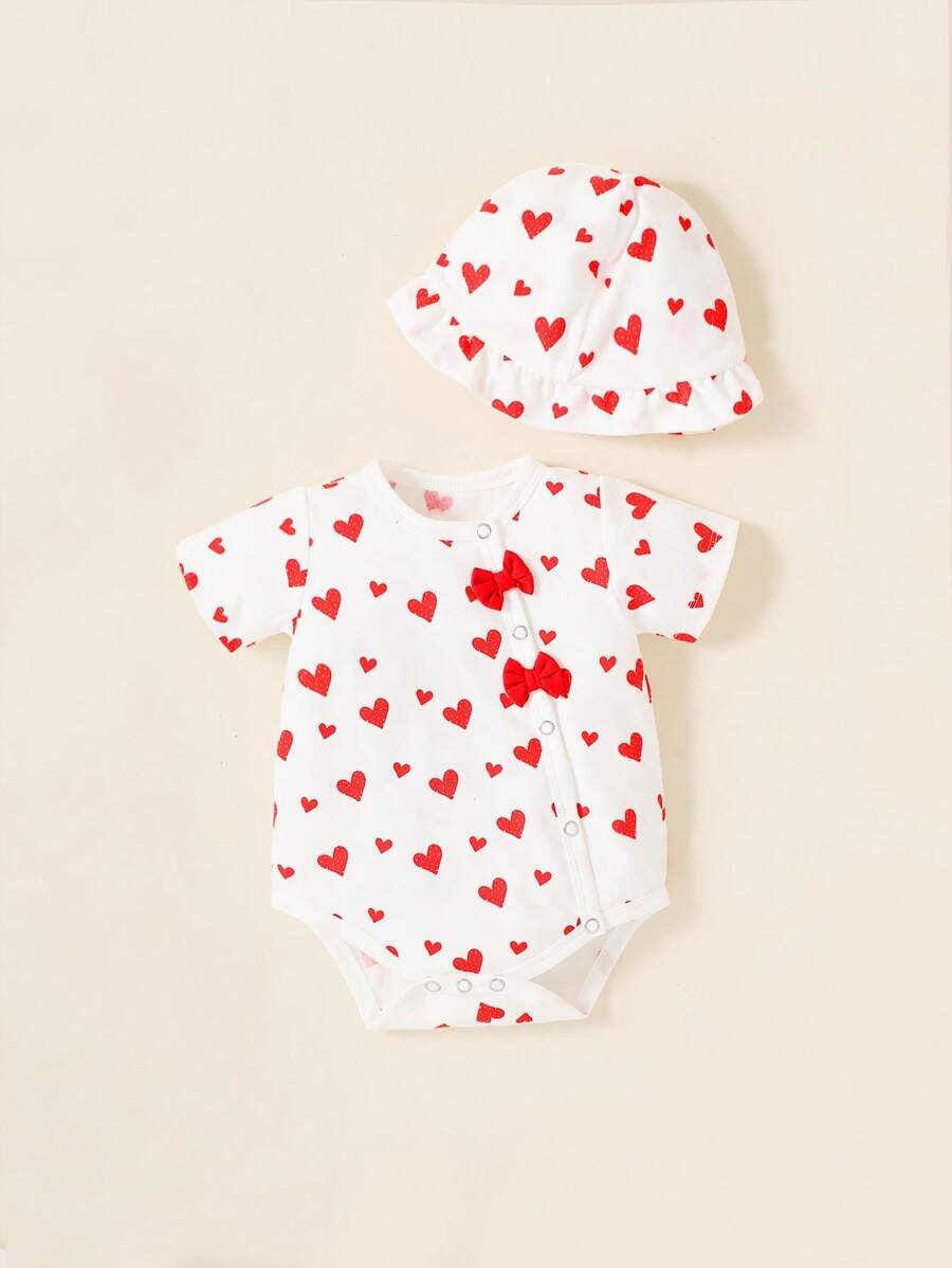 嬰兒愛心圖案前蝴蝶結連身背心&帽 - 白色 - 查看 1