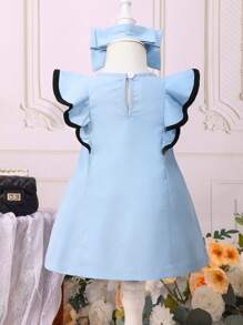 Vestido De Niña De Frente Con Lazo Y Ribete De Volantes Y Diadema - Azul - Ver 2