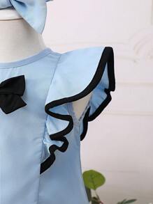 Vestido De Niña De Frente Con Lazo Y Ribete De Volantes Y Diadema - Azul - Ver 5