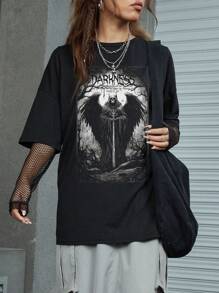 ROMWE Goth Camiseta de hombros caídos con estampado de letra y esqueleto - Negro - Ver 4