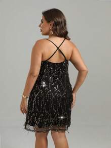 SHEIN Clasi Plus Sequin Decor Crisscross Backless Cami Dress - Black - View 2