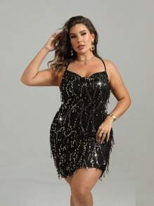 SHEIN Clasi Plus Sequin Decor Crisscross Backless Cami Dress - Black - View 3