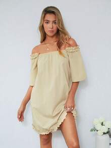 EURMUSE Vestido unicolor de hombros descubiertos ribete fruncido - Albaricoque - Ver 2