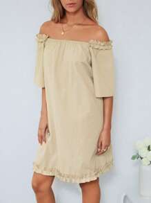 EURMUSE Vestido unicolor de hombros descubiertos ribete fruncido - Albaricoque - Ver 1