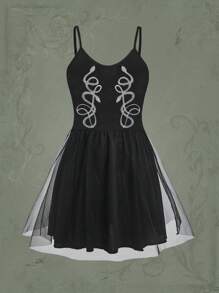 ROMWE Goth Snake Graphic Contrast Mesh Cami Dress - Black - View 1