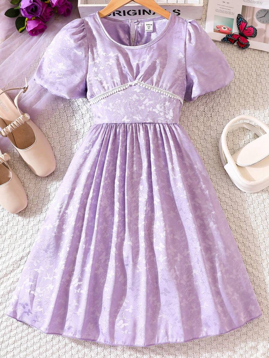 Đầm Gái Tương phản ren màu trơn Giải trí - Màu Lilac Tím - Xem 1