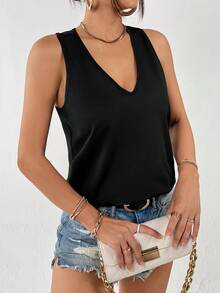 SHEIN Essnce Solid V Neck Tank Top - Black - View 6