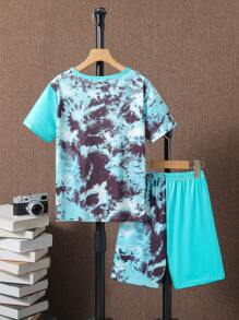 SHEIN 男孩表情和字母圖案紮染T恤和短褲套裝 - 薄荷藍 - 查看 2
