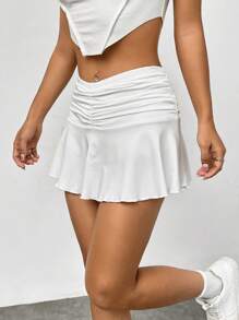 SHEIN EZwear Váy nữ Xù Viên lá sen màu trơn Giải trí - trắng - Xem 5