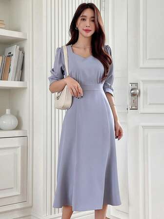 DAZY Solid V Neck Puff Sleeve A-line Dress