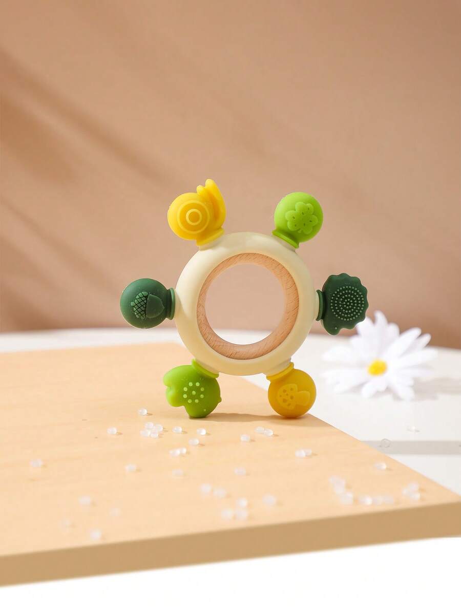 1pc Baby Teething Toy With Silicone Forest Design, Removable Beechwood Ring, And Improved Grip Training Function, Perfect Gift For Newborns - Green - View 1