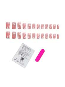 Get Glamorous With 24pcs Short Square Heart Pattern Full Cover Fake Nail Kit - Multicolor - View 2