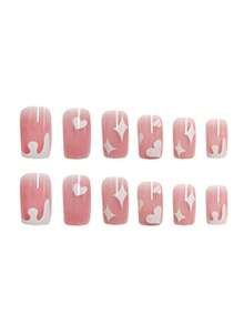 Get Glamorous With 24pcs Short Square Heart Pattern Full Cover Fake Nail Kit - Multicolor - View 4